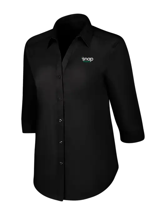 Womens Black 3/4 Sleeve Carefree Poplin Shirt w/Snap Finance Logo