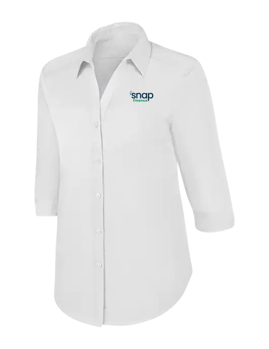 Womens White 3/4 Sleeve Carefree Poplin Shirt w/Snap Finance Logo