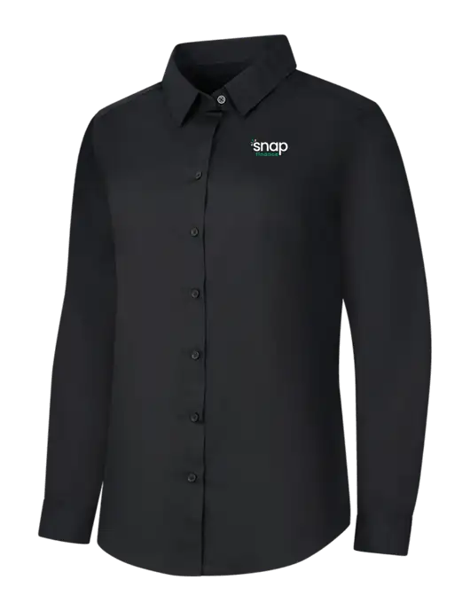 Womens Black Long Sleeve Carefree Poplin Shirt w/Snap Finance Logo