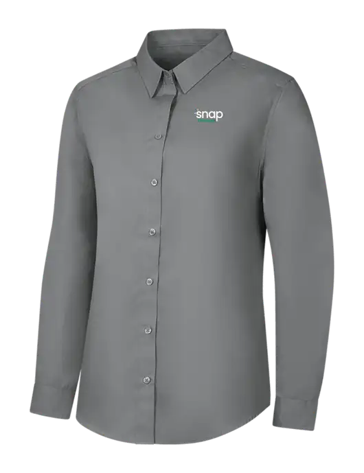Womens Medium Grey Long Sleeve Carefree Poplin Shirt w/Snap Finance Logo