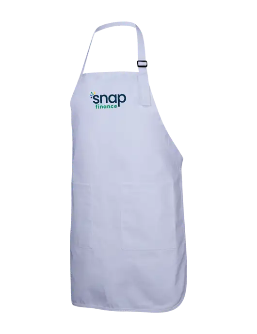 Full-Length White Apron With Pockets w/Snap Finance Logo