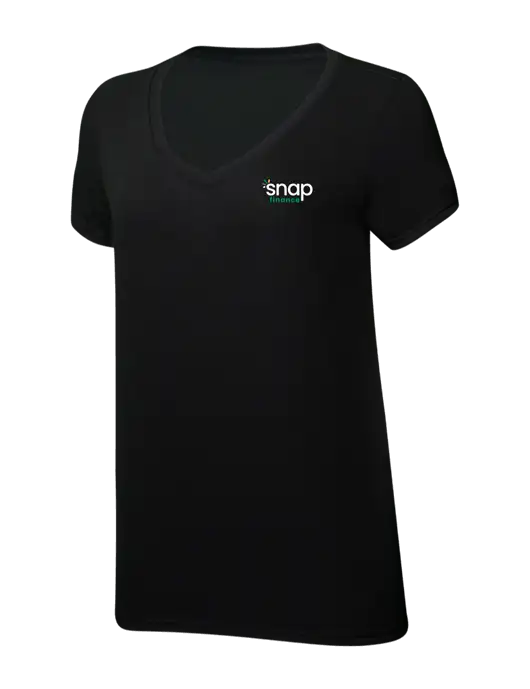 Womens Simply Soft V-Neck Black 4.5oz  Poly/Combed Ring Spun Cotton T-Shirt w/Snap Finance Logo