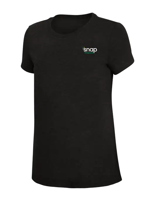 Womens Simply Soft Black 4.5oz Poly/Combed Ring Spun Cotton T-Shirt w/Snap Finance Logo