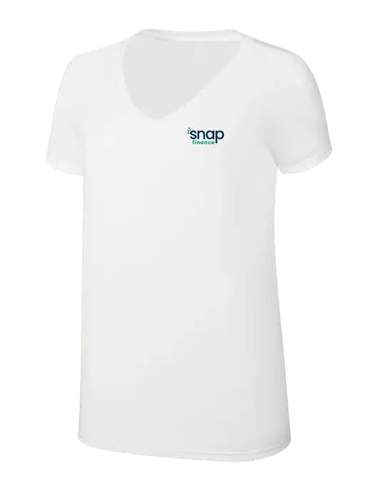 Womens Simply Soft V-Neck White 4.5oz  Poly/Combed Ring Spun Cotton T-Shirt w/Snap Finance Logo