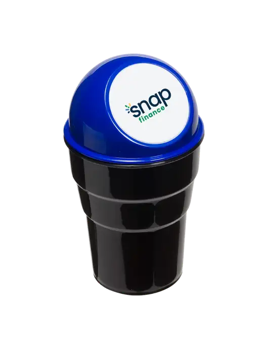 Blue Car Cup Holder Trash Can w/Snap Finance Logo