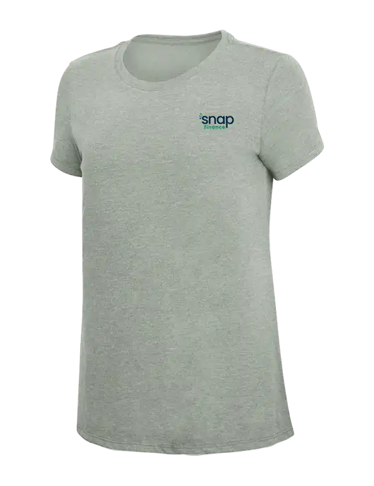 Womens Simply Soft Heathered Light Grey 4.5oz Poly/Combed Ring Spun Cotton T-Shirt w/Snap Finance Logo