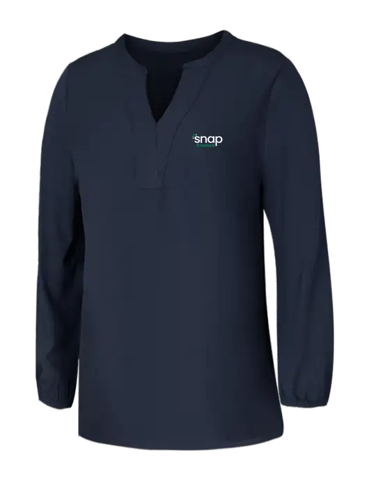 Mercer+Mettle Womens Navy Stretch Crepe 3/4 Sleeve Blouse w/Snap Finance Logo