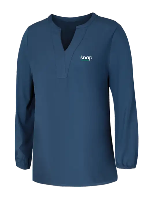 Mercer+Mettle Womens Light Navy Blue Grey Stretch Crepe 3/4 Sleeve Blouse w/Snap Finance Logo