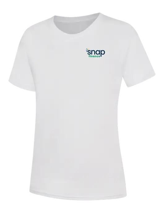 Womens White Core Blend Tee w/Snap Finance Logo