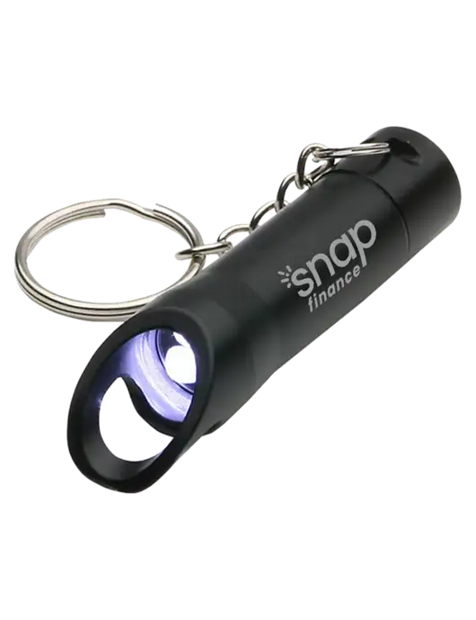 Black Pocket LED Flashlight with Bottle Opener & Keychain w/Snap Finance Logo