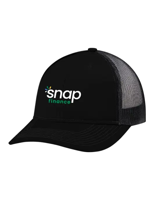 Snapback Ponytail Trucker Cap Black w/Black Mesh w/Snap Finance Logo