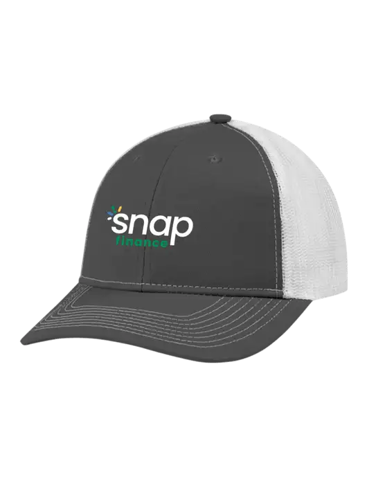 Snapback Ponytail Trucker Cap Dark Grey w/White Mesh w/Snap Finance Logo