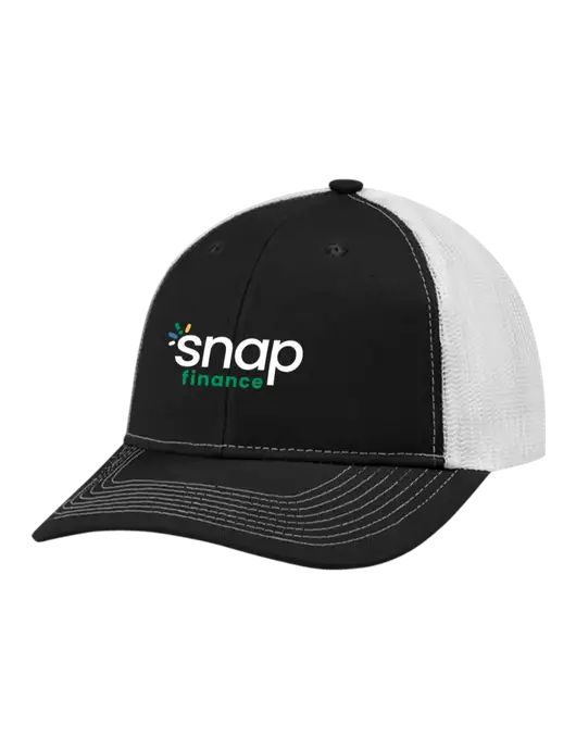Snapback Ponytail Trucker Cap Black w/White Mesh w/Snap Finance Logo