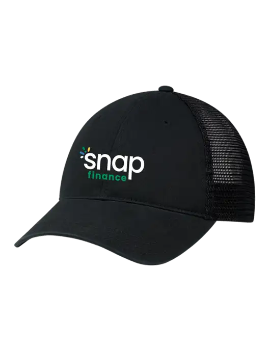 Richardson 111 Garment Washed Trucker Cap Black w/Black Mesh w/Snap Finance Logo