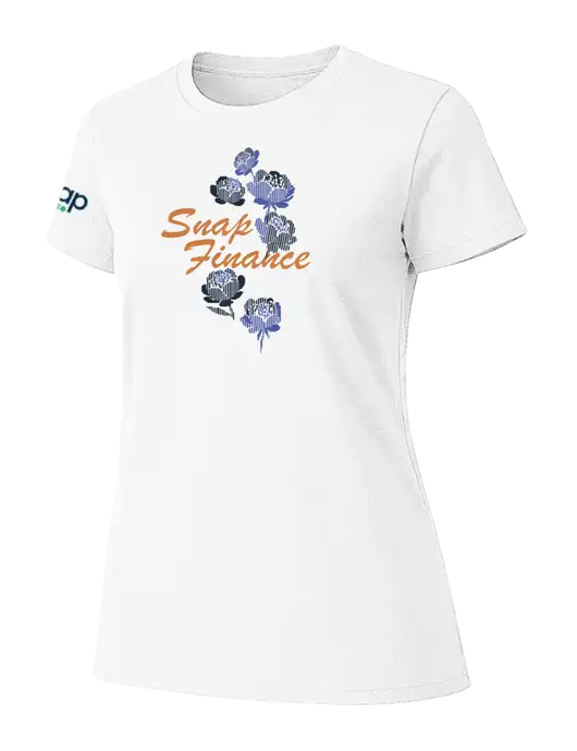 Womens Ring Spun White 4.5 oz T-Shirt w/SNAP Finance Flowers Logo, Snap Finance Logo