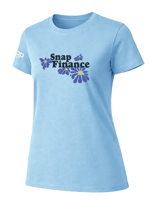 Womens Ring Spun Light Blue 4.5 oz T-Shirt w/SNAP Finance Level Up Logo, Snap Finance Logo